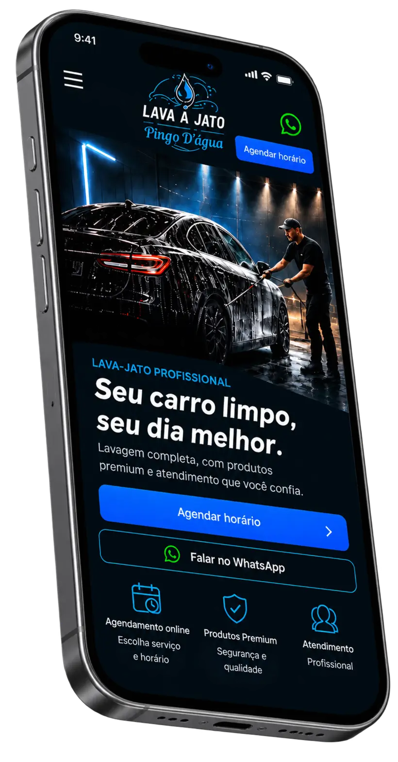 Site de um lava-jato no celular, com a logo da empresa, foto do serviço e os botões Agendar horário e Falar no WhatsApp