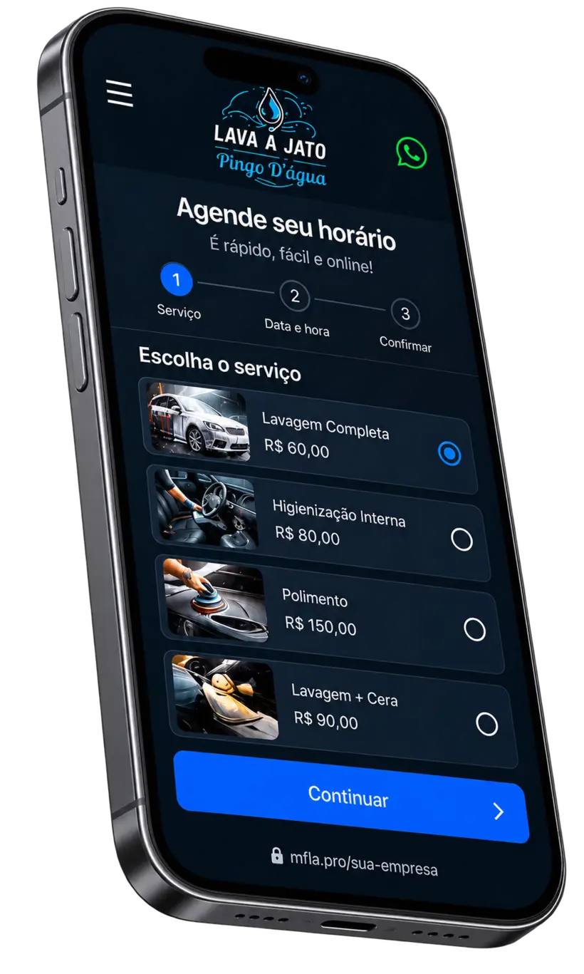 Agendamento online no site: etapa Serviço, com lavagem completa, higienização, polimento e lavagem com cera, cada um com preço